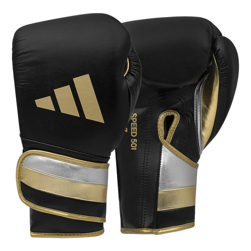 Adidas Speed 501 Bokshandschoenen - Zwart/Goud – voor- en handpalmzijde